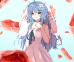  :3 ahoge animal_ears bandages black_choker black_ribbon blood blood_stain blue_hair blush choker cowboy_shot dress food hair_between_eyes highres indie_virtual_youtuber long_hair looking_at_viewer lop_rabbit_ears para_(vtuber) rabbit_ears rabbit_girl red_eyes ribbon steak sundress vanilla_flan virtual_youtuber white_background white_dress 