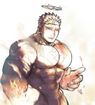  1boy bara black_bodysuit black_hair bodysuit bulge covered_abs cowboy_shot facial_hair flame_print flaming_halo flaming_hand halo index_finger_raised large_hands large_pectorals looking_away male_focus mature_male muscular muscular_male pectorals po_fu short_hair solo stubble tokyo_afterschool_summoners zabaniyya_(housamo) 