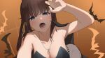  1girl absurdres bare_shoulders bat_(animal) blue_eyes blunt_bangs blush breasts brown_hair character_request cleavage commentary_request copyright_request earrings fangs hand_up highres jewelry kaekae_kaeru large_breasts looking_at_viewer necklace open_mouth ponytail solo teeth yellow_nails 