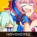  2girls artist_name black_gloves blue_eyes blue_hair bright_pupils company_name fang gloves hair_ornament hand_on_another&#039;s_cheek hand_on_another&#039;s_face honkai_(series) honkai_impact_3rd horns liliya_olenyeva looking_at_viewer mhunter_45 multiple_girls open_mouth pink_hair rozaliya_olenyeva siblings single_horn skin_fang thick_eyebrows twins v-shaped_eyebrows watermark white_pupils yellow_background 