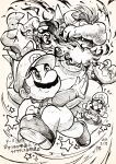  3boys armlet big_nose bowser breathing_fire brothers buttons cabbie_hat clenched_hand clenched_teeth closed_mouth commentary_request dated facial_hair fighting fingernails fire flying_sweatdrops frown furry furry_male gloves greyscale hands_on_own_head hat highres horns ink_(medium) jumping long_sleeves luigi male_focus mario mario_(series) monochrome multiple_boys mustache nostrils open_mouth overalls raised_eyebrows scared shaded_face shadow sharp_fingernails sharp_teeth shirt shoes short_hair siblings signature smile spiked_armlet spiked_shell spiked_tail star_(symbol) tail teeth thick_eyebrows traditional_media translation_request turtle_shell wide-eyed yamato_koara 