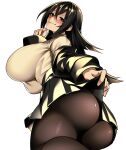  1girl absurdres ass black_eyes black_hair black_jacket black_skirt blush breasts clothes_lift collared_shirt commentary_request dress_shirt hair_between_eyes hand_on_own_chin highres huge_breasts hz_(666v) jacket kashima_(hz_(666v)) light long_hair looking_at_viewer off_shoulder open_clothes open_jacket original paid_reward_available pantyhose school_uniform shirt skirt skirt_lift smile solo undressing white_background white_shirt 