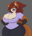  2021 anthro areola areola_slip big_breasts black_bottomwear black_clothing black_pants bottomwear breasts canid canine cleavage clothed clothing curvy_figure dewwydarts eyewear female fox fur glasses gloves_(marking) grey_background hair hands_on_hips hi_res hourglass_figure huge_thighs looking_at_viewer maddie_(dewwydarts) mammal markings nipple_outline open_mouth orange_body orange_fur pants purple_clothing purple_shirt purple_topwear red_hair shirt simple_background solo standing thick_thighs topwear wide_hips yellow_eyes 