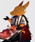  1boy a_hat_in_time black_gloves cake conductor_(a_hat_in_time) food gloves highres horns mixing_table nasubeen pancake reptilian shirt spikes table tea white_shirt 