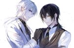  2boys black_gloves black_hair black_jacket black_necktie black_shirt blue_eyes closed_mouth collared_shirt commentary_request ear_piercing earrings faust_(mochizuki_shiina) gloves hair_between_eyes hand_on_another&#039;s_shoulder highres jacket jewelry long_sleeves lucas_(mochizuki_shiina) male_focus mochizuki_shiina multiple_boys necktie original parted_lips piercing shirt simple_background white_background white_hair white_jacket white_shirt yellow_eyes 
