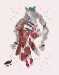  1girl 2019 animal_ears aqua_headwear beret braid cat_ears cat_girl chinese_zodiac closed_mouth floral_print full_body furisode grey_eyes grey_hair hat holding japanese_clothes kimono long_hair long_sleeves looking_at_viewer nekosuke_(oxo) obi original petals pink_socks print_kimono red_kimono sandals sash simple_background socks solo standing tabi toy twin_braids very_long_hair white_background wide_sleeves year_of_the_pig 