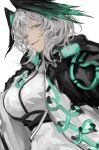  1girl absurdres aqua_eyes aqua_wings arknights between_breasts breasts coat dress emiya_negi evil_grin evil_smile fangs feathered_wings from_side grey_hair grin hair_between_eyes head_wings highres ho&#039;olheyak_(arknights) long_coat long_sleeves looking_at_viewer looking_down open_clothes open_coat open_mouth short_hair sidelocks slit_pupils smile solo strap_between_breasts teeth upper_body upper_teeth_only white_background white_dress wings 