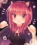  1girl angel_beats! animal_ears black_dress black_hairband blush cat_ears commentary_request dress fake_animal_ears fang hairband halloween heart highres iwasawa_masami mitsuna neck_ribbon paw_pose pink_ribbon red_eyes red_hair ribbon short_hair solo star_(symbol) upper_body 