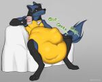  absurd_res anthro belly beverage big_belly blue_body blue_fur coffee_mug english_text fur generation_4_pokemon green_text grey_background hi_res holding_beverage holding_object lucario male ms.sunrise navel nintendo pokemon pokemon_(species) red_eyes rumbling_stomach simple_background sitting sound_effects text vore vowelless vowelless_sound_effect yellow_belly 