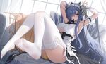  1girl absurdres apron armpits august_von_parseval_(azur_lane) august_von_parseval_(the_conquered_unhulde)_(azur_lane) azur_lane between_breasts black_dress black_horns blush breasts clothing_cutout curled_horns dress feet frilled_dress frills garter_straps hair_over_one_eye highres horns jeze knees_together_feet_apart lace-trimmed_legwear lace_trim large_breasts legs long_hair looking_at_viewer maid_headdress manjuu_(azur_lane) mechanical_horns mouth_hold no_shoes official_alternate_costume one_eye_covered purple_eyes ribbon ribbon_in_mouth sleeveless soles solo thighhighs toes two-tone_dress underboob_cutout very_long_hair white_apron white_dress white_garter_straps white_thighhighs 