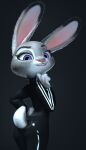  2023 3d_(artwork) 4:7 anthro black_background black_clothing butt claws clothing digital_media_(artwork) disney eyebrows eyelashes female fingers fur grey_body grey_fur hi_res judy_hopps lagomorph leporid long_ears looking_at_viewer mammal melo multicolored_body multicolored_ears multicolored_fur pink_nose purple_eyes rabbit short_tail simple_background smile solo tail teeth tight_clothing topwear white_body white_fur zootopia 