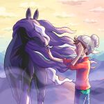  1boy absurdres animal_ears brown_hair cloud covering_one_eye cowboy_shot ffccll grey_headwear hand_on_own_face highres horse_ears looking_at_another male_focus mountain mountainous_horizon pokemon pokemon_(creature) pokemon_(game) pokemon_swsh sky spectrier victor_(pokemon) 