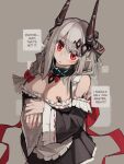  1girl absurdres apron arknights back_bow black_dress blush bow braid breasts commentary cowboy_shot demon_horns dress ear_piercing english_commentary english_text frilled_dress frilled_sleeves frills grey_background hair_bow hair_ornament head_tilt highres horns infection_monitor_(arknights) large_breasts long_hair looking_at_viewer maid maid_apron mudrock_(arknights) off-shoulder_dress off_shoulder oripathy_lesion_(arknights) piercing pointy_ears red_bow red_eyes sidelocks solo spaghetti_strap togekk0 white_hair wide_sleeves 