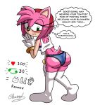  accessory amy_rose anthro big_butt blush bra bracelet butt clothing crop_top dialogue eulipotyphlan female fur gloves green_eyes hair_accessory hairband handwear hedgehog hi_res jewelry legwear looking_back magnum3000 mammal pink_body pink_fur sega shirt shy solo sonic_the_hedgehog_(series) strip_game thigh_highs thong thought_bubble topwear underwear undressing 