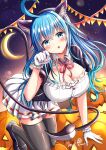  1girl :o ahoge animal_ear_fluff animal_ears black_corset black_thighhighs blue_eyes blue_hair blue_haired_devil_girl_(ryopa) blush breasts buttons cat_ears cleavage collarbone corset crescent_moon demon_tail dress fake_animal_ears frilled_dress frills gloves halloween huge_ahoge jack-o&#039;-lantern large_breasts long_hair moon neck_ribbon night night_sky original pink_ribbon pleated_skirt ribbed_dress ribbon ryopa signature skirt sky solo star_(sky) tail thighhighs white_gloves white_skirt 