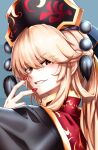  1girl absurdres eyelashes grin hair_between_eyes highres junko_(touhou) kikoka_(mizuumi) long_hair long_sleeves looking_at_viewer phoenix_crown pom_pom_(clothes) red_eyes red_nails sidelocks smile solo tabard touhou upper_body 