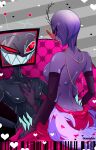  absurd_res athletic athletic_male big_breasts breasts butt claws clothed clothing crossgender demon demon_humanoid detailed_background duo eyewear female for_a_head glasses hair hazbin_hotel hi_res humanoid interspecies male male/female object_head open_mouth open_smile partially_clothed purple_hair red_eyes rzrcrshtr screen screen_face screen_head smile teeth television thick_thighs tv_head valentino_(hazbin_hotel) vox_(hazbin_hotel) white_hair 