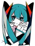  1girl aqua_eyes aqua_hair bright_pupils closed_mouth collared_shirt colored_skin detached_sleeves hair_between_eyes hair_ornament halftone hands_up hatsune_miku headset interlocked_fingers long_hair long_sleeves looking_at_viewer machigami_yoh no_nose own_hands_together shirt simple_background solo twintails twitter_username upper_body vocaloid watermark white_background white_pupils white_skin 