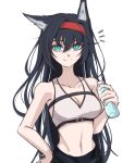  1girl animal_ears arknights black_hair black_pants blaze_(arknights) blue_eyes book breasts cat_ears cat_girl cleavage collarbone hairband highres holding holding_book looking_at_viewer medium_breasts navel notice_lines pants petra_(jgc845601) red_hairband simple_background smile solo sports_bra stomach white_background white_sports_bra 