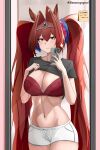  1girl absurdres animal_ears baozouyeguai black_shirt bra breasts brown_hair cellphone clothes_lift commentary cowboy_shot daiwa_scarlet_(umamusume) hair_intakes hands_up highres holding holding_phone horse_ears large_breasts long_hair looking_at_viewer mirror navel phone red_bra red_eyes reflection shirt shirt_lift short_shorts short_sleeves shorts smartphone solo standing sticky_note stomach umamusume underwear very_long_hair white_shorts 