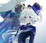  1boy 1girl ascot black_ascot black_jacket blue_bow blue_eyes blue_gemstone blue_hair blue_headwear bow brooch closed_mouth drop-shaped_pupils facing_away furina_(genshin_impact) gem genshin_impact hat hat_bow heterochromia highres jacket jewelry long_hair looking_at_viewer low_twintails multicolored_hair neuvillette_(genshin_impact) smile streaked_hair top_hat twintails upper_body very_long_hair vest wfleow white_hair white_vest 