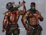  2boys abs absurdres artbyming back bandana bara black_bandana black_hair black_male_underwear blood blood_on_body blood_on_clothes copyright_name dated facepaint green_pants gun helmet highres holding holding_gun holding_weapon kapkan_(rainbow_six_siege) large_pectorals male_focus male_underwear male_underwear_peek multiple_boys muscular muscular_male navel open_pants pants pectorals rainbow_six_siege short_hair tachanka_(rainbow_six_siege) topless_male underwear weapon 
