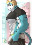  1boy abs animal_ears ass ass_lift bara black_shirt blonde_hair blue_fur blush building bulge bulge_lift dressing feet_out_of_frame from_side furry furry_male green_eyes highres i&#039;ve_never_seen_a_guy_recreate_this_successfully_tbh_(meme) large_pectorals live_a_hero long_sideburns looking_at_viewer male_focus male_underwear meme muscular muscular_male nipples open_pants orea-doi pants pants_lift pectorals rexer_(live_a_hero) shirt short_hair shy sideburns solo stomach tiger_boy tiger_ears underpec undersized_clothes underwear white_male_underwear 