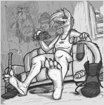  2023 4_toes aiming_at_viewer anthro barefoot bethesda_softworks black_and_white bodily_fluids canid canine canis claws clothing coyote fallout feet foot_focus forked_tongue furniture gun hybrid mammal monochrome night_stalker_(fallout) pit_viper pzf_(artist) ranged_weapon rattlesnake reptile scalie snake sofa solo sweat sweaty_feet toe_claws toes tongue viper weapon 