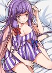  1girl bare_legs barefoot bed_sheet blue_bow bow breasts cleavage commentary dress eichi_yuu hand_in_own_hair hand_on_own_hip lips long_hair looking_ahead medium_breasts messy_hair on_bed patchouli_knowledge pillow purple_eyes purple_hair purple_stripes red_bow sitting solo striped striped_dress toes touhou white_dress 