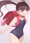  1girl backpack bag bare_shoulders black_hair child collarbone covered_clitoris covered_navel female_child hair_tie kai_ooo1 long_hair looking_at_viewer one-piece_swimsuit open_mouth original pink_eyes randoseru red_bag school_swimsuit solo swimsuit twintails 