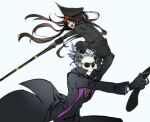  1boy 1girl akechi_mitsuhide_(fate) black_gloves black_jacket black_pants black_suit business_suit darenoda fate/grand_order fate_(series) formal from_behind gloves gun hat holding holding_gun holding_weapon jacket long_hair long_sleeves military_hat military_uniform musket necktie oda_nobunaga_(fate) oda_nobunaga_(koha-ace) open_mouth pants parted_lips peaked_cap red_eyes red_tie short_hair sitting_on_shoulder suit suit_jacket sunglasses uniform very_long_hair weapon white_hair 