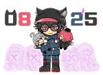  1boy :3 :d ahoge animal_ears animal_hat aphex_logan belt black_footwear black_hair black_headwear blue_belt blue_jacket blue_pants boots cabbie_hat character_doll closed_eyes closed_mouth commentary_request dated doll fake_animal_ears full_body glasses hanabusashu hat holding holding_doll jacket male_focus master_detective_archives:_rain_code melami_goldmine open_mouth pants paper_on_head pucci_lavmin purple_hair red-framed_eyewear red_eyes red_hair round_eyewear short_hair smile solo spoilers standing yomi_hellsmile yuma_kokohead zange_eraser zilch_alexander 