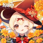  1girl ;q blonde_hair bow bowtie cowlick female_child genshin_impact hair_between_eyes hat huangtielin357 klee_(blossoming_starlight)_(genshin_impact) klee_(genshin_impact) low_twintails medium_hair one_eye_closed orb pointy_ears red_bow red_bowtie red_eyes red_headwear solo tongue tongue_out twintails vision_(genshin_impact) witch_hat 
