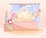  1girl alarm_clock angry bed blanket blush carpet cat clock copyright_name curtains cushion day desk_lamp english_commentary indoors lamp long_hair momo_(miracle_nikki) nikki_(miracle_nikki) official_art parted_lips pink_hair shining_nikki signature sky sleeping sun sunlight under_covers yellow_cloak 