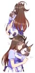  2girls aged_down ahoge air_groove_(umamusume) arrow_(symbol) blue_eyes bow bowtie breasts brown_footwear brown_hair carrying child child_carry closed_mouth duramente_(umamusume) grey_eyes hug long_hair looking_at_viewer motion_lines multiple_girls multiple_views one_eye_closed purple_shirt romi_(346_ura) school_uniform shirt shoes short_hair short_sleeves simple_background skirt sleeping small_breasts tracen_school_uniform umamusume white_background white_skirt 