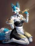 absurd_res anthro breasts canid canine clothing costume elenmory female food fox fur hair hi_res honey_(food) lust maid_uniform mammal morning pancake roleplay short_hair solo submissive syrup uniform white_body white_fur 