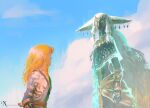  2boys absurdres archaic_set_(zelda) blue_sky body_markings cloud furry furry_male highres king_rauru large_ears light_brown_hair link long_hair multiple_boys patterned_clothing pointy_ears single_bare_shoulder sky the_legend_of_zelda the_legend_of_zelda:_tears_of_the_kingdom very_long_ears very_long_hair wyvern-witch 