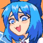  1girl blue_bow blue_eyes blue_hair bow cirno hair_bow hcnone highres open_mouth orange_background pixel_art short_hair simple_background smile smug solo touhou 
