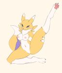  anthro armwear_only bandai_namco blue_eyes breasts claws digimon digimon_(species) female finger_claws fur hidden-cat looking_at_viewer nipples pawpads raised_leg renamon simple_background solo tail toe_claws yellow_body yellow_fur 