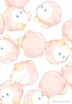  blue_eyes closed_eyes colored_skin from_behind gyunyu_(hoya_hoya_milk) highres kirby_(series) no_humans no_mouth orange_skin pastel_colors shoes sitting solid_oval_eyes twitter_username upside-down waddle_dee white_background yellow_footwear 