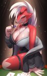  5_fingers absurd_res anthro big_breasts blush breasts canid canine cleavage clothed clothing female female_anthro fingers fur generation_7_pokemon hi_res kemonoyou looking_at_viewer lycanroc mammal midnight_lycanroc nintendo pokemon pokemon_(species) red_body smile solo thigh_strap tongue 