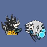  2others black_eyes black_skin blank_eyes blue_cloak broken_vessel_(hollow_knight) chain cloak colored_skin commentary eye_contact full_body green_cloak hollow_eyes hollow_knight knight_(hollow_knight) looking_at_another multiple_others nail_(hollow_knight) other_focus plant planted sakana_2-gou standing vines 