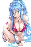 1girl alternate_costume aoki_hagane_no_arpeggio bare_arms bare_shoulders bent_over bikini bikini_pull blue_eyes blue_hair blurry bracelet breasts cleavage clothes_pull depth_of_field frown hair_between_eyes halterneck highres jewelry large_breasts legs long_hair looking_at_viewer mole mole_under_mouth nagayori nail_polish necklace parted_lips pink_bikini pink_nails ponytail pulled_by_self red_bikini sandals sidelocks simple_background solo squatting string_bikini swimsuit takao_(aoki_hagane_no_arpeggio) thighs toenail_polish toenails very_long_hair white_background 
