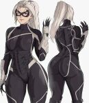  1girl ass black_bodysuit black_cat_(marvel) bodysuit breasts claws commentary domino_mask english_commentary grey_eyes highres marvel mask medium_breasts ponytail smile solo spider-man_(series) spider-man_2_(2023_game) thick_thighs thighs white_hair yoracrab 