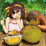  1girl animal blush breasts brown_eyes brown_hair bubbacterial durian eating food hair_ribbon hairband highres holding holding_food leaf looking_at_viewer one_eye_closed open_mouth orange_hairband orange_ribbon orangutan pink_tank_top ribbon short_hair solo suzumiya_haruhi suzumiya_haruhi_no_yuuutsu tank_top thumbs_up upper_body 