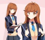  1girl blazer blue_necktie book brown_eyes brown_hair collared_shirt hair_ornament hairclip holding holding_book holding_strap jacket joman long_hair necktie open_book open_clothes open_jacket pleated_skirt school_uniform shirt skirt solo sweater yu-gi-oh! yu-gi-oh!_vrains zaizen_aoi 