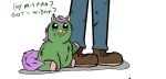  ambiguous_gender baby_talk bottomwear carniviousduck clothing dialogue drop_shadow duo english_text fluffy_pony footwear fur green_body green_fur hair human mammal pants purple_hair shoes simple_background text white_background 