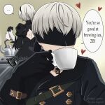  ... 1boy 1girl back_cutout belt black_blindfold black_dress blindfold clothing_cutout commentary cup dress drinking english_commentary english_text grey_hair heart heart_print highres holding holding_cup juliet_sleeves kettle long_sleeves nier:automata nier_(series) panties puffy_sleeves shirl_geem spoken_ellipsis stove teacup twitter_username underwear watermark yorha_no._2_type_b yorha_no._9_type_s 