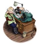  1girl androgynous animal antique_phone ashtray belt belt_buckle blonde_hair blue_pants blush book book_stack boots brown_belt buckle chair cigarette cigarette_pack closed_eyes computer creature crumpled_paper cup desk desk_lamp epaulettes flat_chest folder glasses green_jacket happy hayami_rasenjin ink_stamp jacket keyboard_(computer) lamp leather leather_belt leather_boots martina_m_mayakovskaya military military_jacket military_uniform monitor official_art pants paper paper_stack paperwork pen phone podstakannik riding_boots rotary_phone round_eyewear salute sam_browne_belt short_hair sitting smile stamp_(taihou_to_stamp) striped striped_pants taihou_to_stamp tomboy trash trash_can uniform vertical-striped_pants vertical_stripes weasel white_background wire wooden_desk wooden_floor 