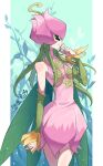  1girl detached_sleeves digimon digimon_(creature) dress fairy green_sleeves hair_vines highres leaf_wings lilimon looking_to_the_side monster_girl petals pink_dress plant plant_girl solo watermark wings youzaiyouzai112 